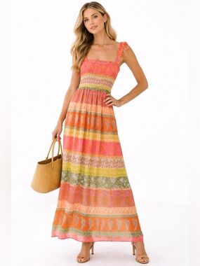 Maison Tara Floral Maxi Dress Smocked Bodice Pink Orange Boho Resortwear 12